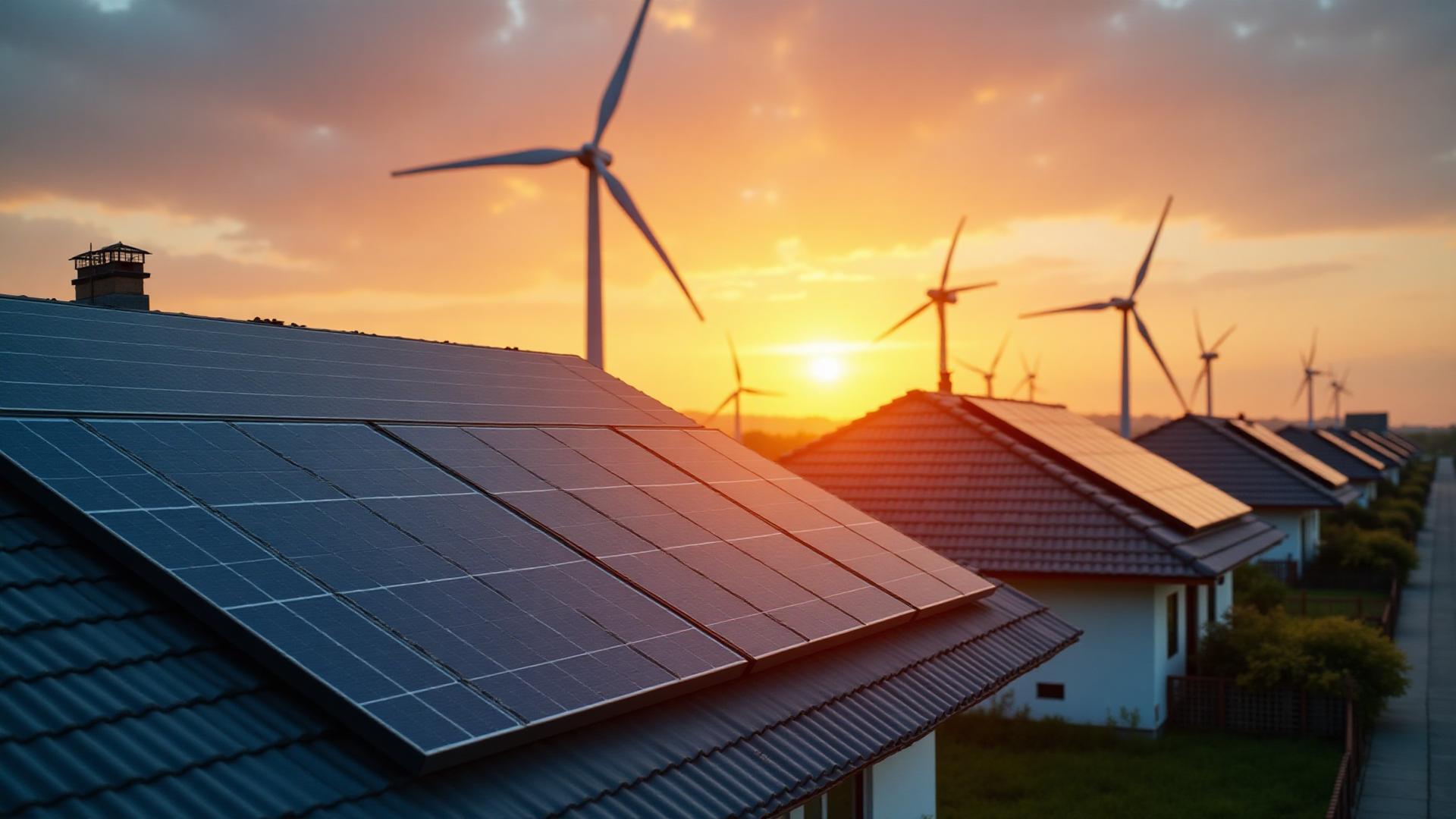 Solar panels installation with sunset sky